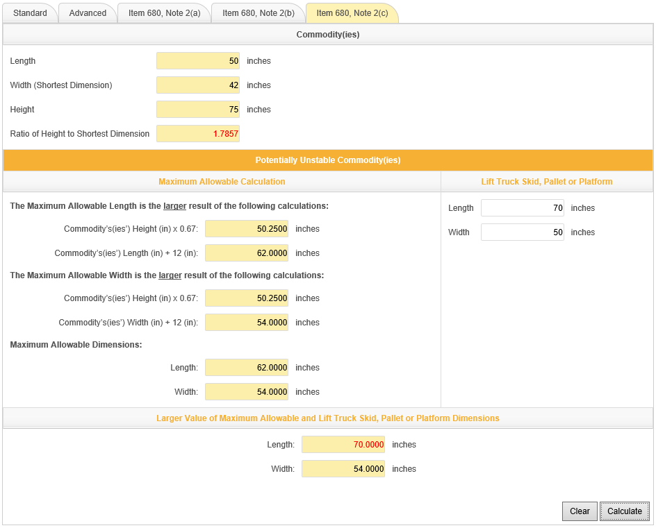 Application of NMFC Item (Rule) 680, Note 2(c) - Maximum Allowable Dimensions of Lift Truck Skids, Pallets or Platforms for 'Potentially Unstable Commodities' Calculator